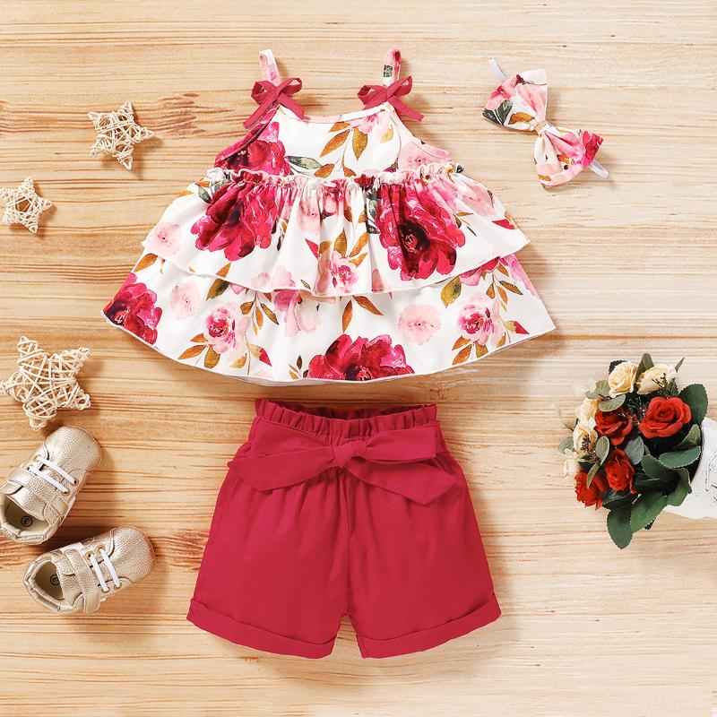 

Newborn Baby Girl Clothes Strap Floral Print Sleeveless Top T Shirt Solid Color Pants Bowknot Headband Outfits Set, As pic