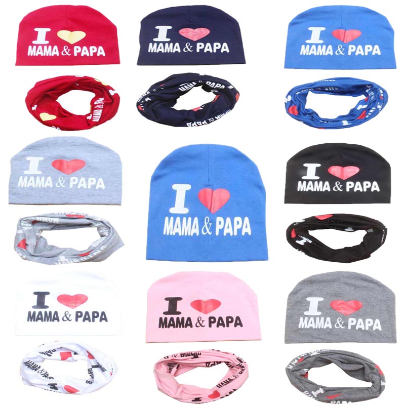 

Baby Hat Set I Love Mama Papa Print Cotton Cap Winter Hats Newborn Children Scarf Collar Boys Beanie Kids Cap for Girls H6, As the picture