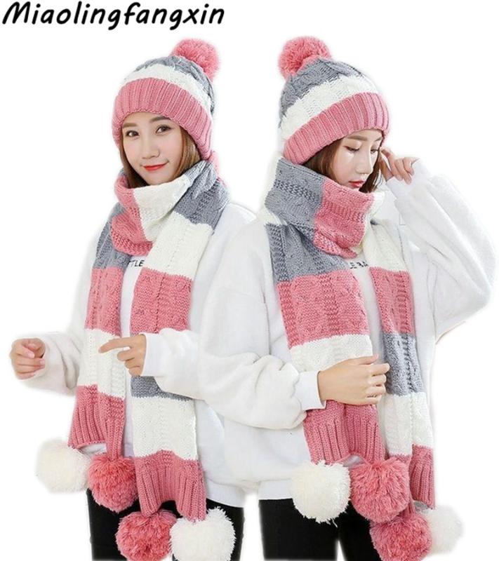 

woman autumn winter hat and gloves set cotton fashion girl hat scarf gloves set knitted wool scarf for women