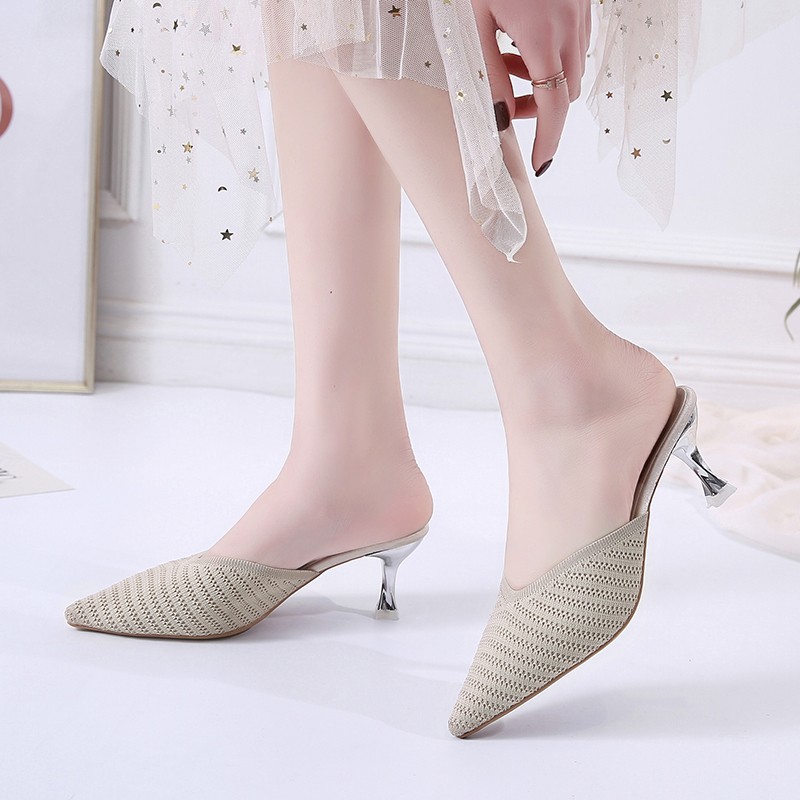 

Metal Heel Slippers Mules Shoes Women Summer Breathable Knit Elastic Mesh Pointed Toe High Heel Slippers Women Big Size 35-43, Beige