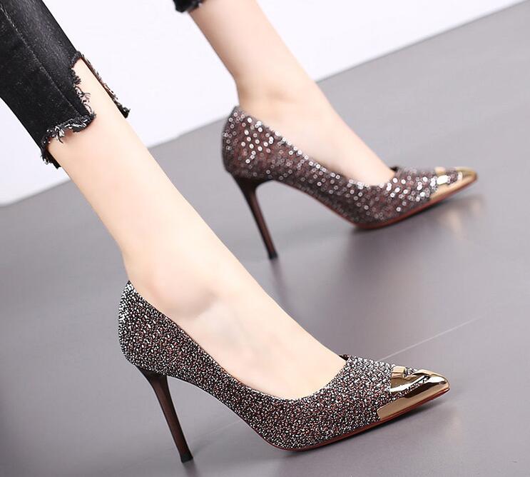 

with box Luxury designer women Sequined pumps Slip-On Sexy lady Pointed Toes Stiletto Dress shoes Shallow mouth Party Prom shoes, Heel height: 9 cm