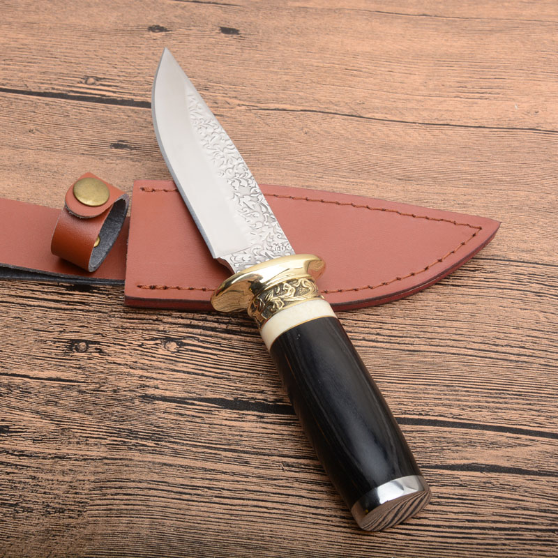 

Factory Direct Outdoor Survival Hunting Knife High Carbon Steel Drop Point Blade Ebony Handle Fixed Blades Knives With Leather Sheath