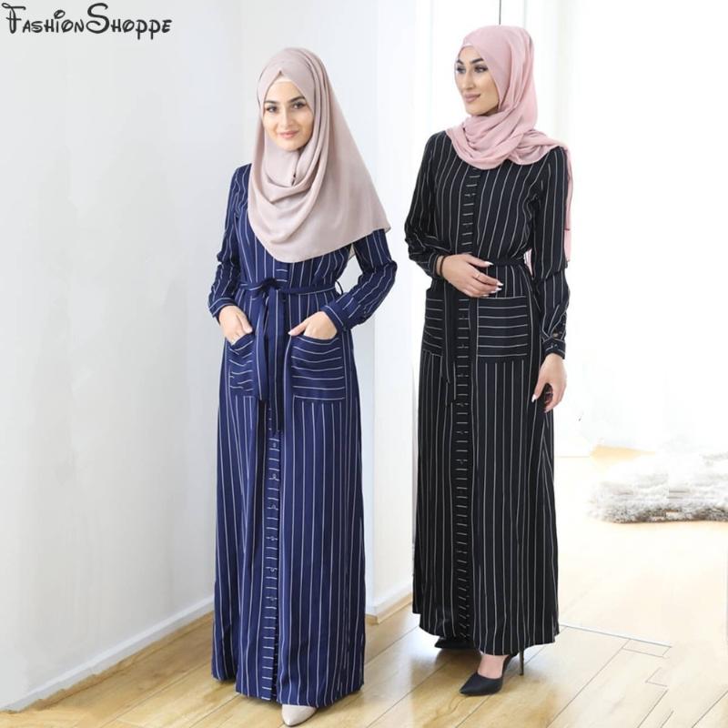 

Fashion Striped Shirt Long Dress Muslim Arab Women Single-breasted Lapel Long Sleeve Front Pocket Abaya Dress Kaftan Ramadan
