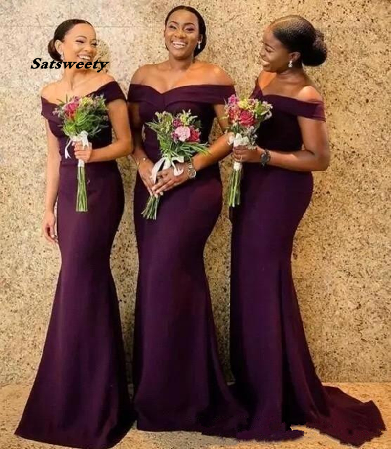 

Regency African Off The Shoulder Satin Long Bridesmaid Dresses Ruched Sweep Train Wedding Guest Maid Of Honor Dresses, Green