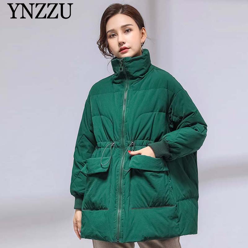 

Winter Solid High collar Women down jacket 2019 New fashion pocket Zip down jacket Loose Oversize Female Overcoat YNZZU YO958, Black