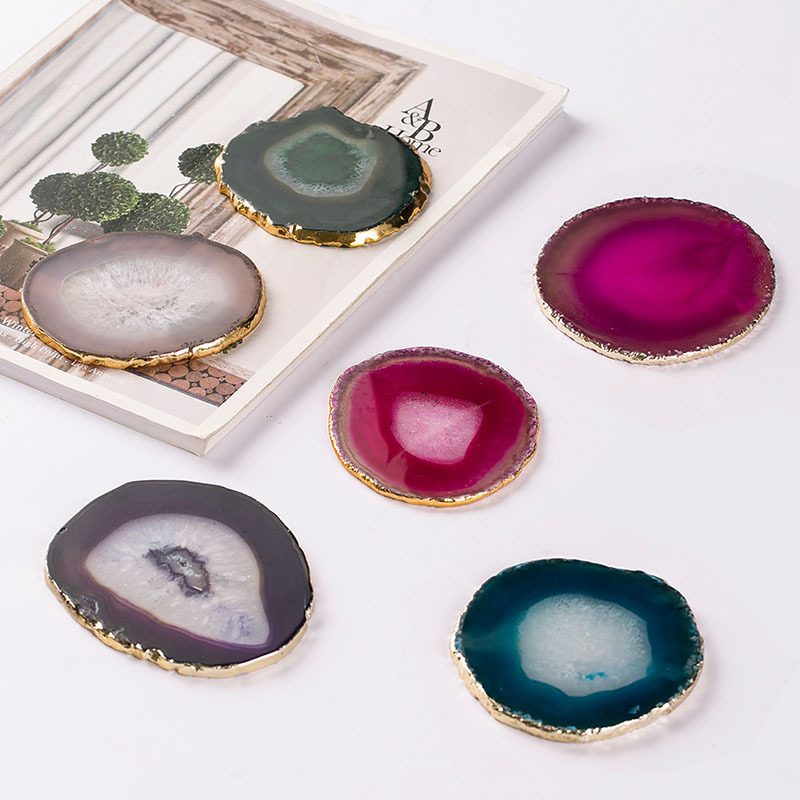 

Natural Agate Piece Gold Edge Coffee Cup Pad Jewelry Display Support Size 8~10cm
