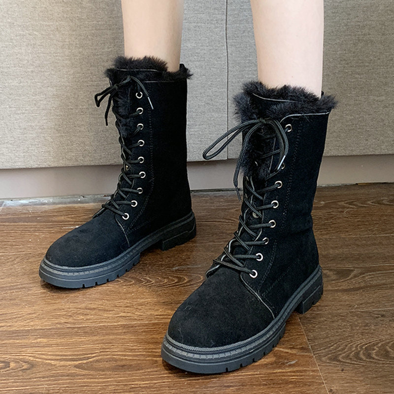 

New Mid Calf Flock Boots Women Autumn Concise Lace Up Shoes Woman Flat Heels Fur Inside Leisure Female Boot, Beige