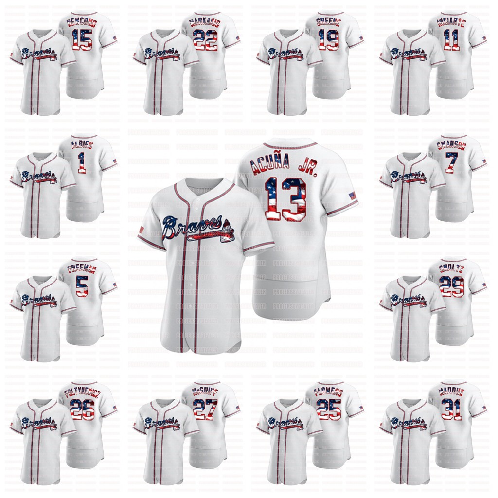 

Atlanta 2020 Stars & Stripes 4th of July Ronald Acuna Jr. Dansby Swanson Freddie Freeman John Smoltz Maddux Ozzie Albies Flowers Jersey, Custom any name any number