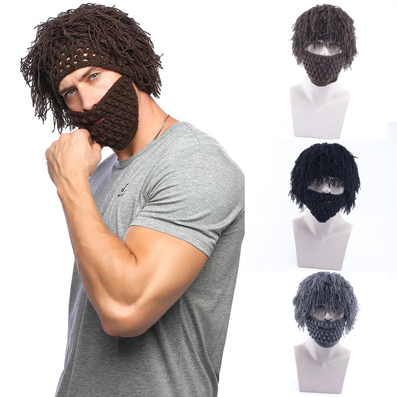 

3-color creative straw men's knitting hat autumn and winter hand hook detachable wool beard funny wig hats, Plz choose color