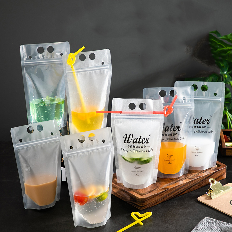

Transparent Self Seal Drink Bag With Straw Frosted Plastic Beverage DIY Drink Container Drink Bag Party Fruit Juice Drinks Pouch VT0437