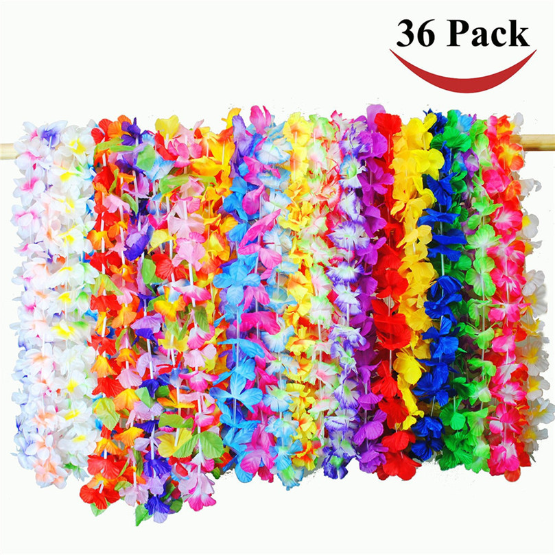

36 Counts Garlands Tropical Hawaiian Luau Flower Lei Party Favors Hanging Garland Wreaths party Artificial Decorations #4m08, Multi
