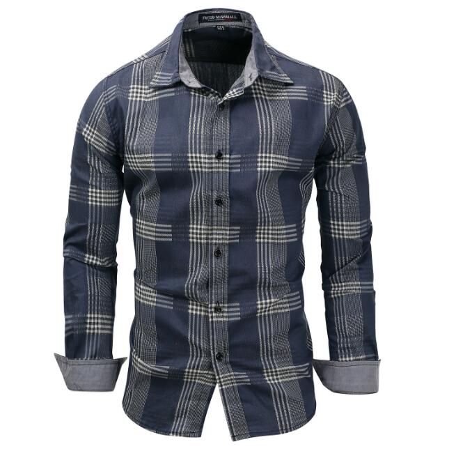 

Europe and the United States new large size men's denim long-sleeved plaid shirt slim shirt, Blue