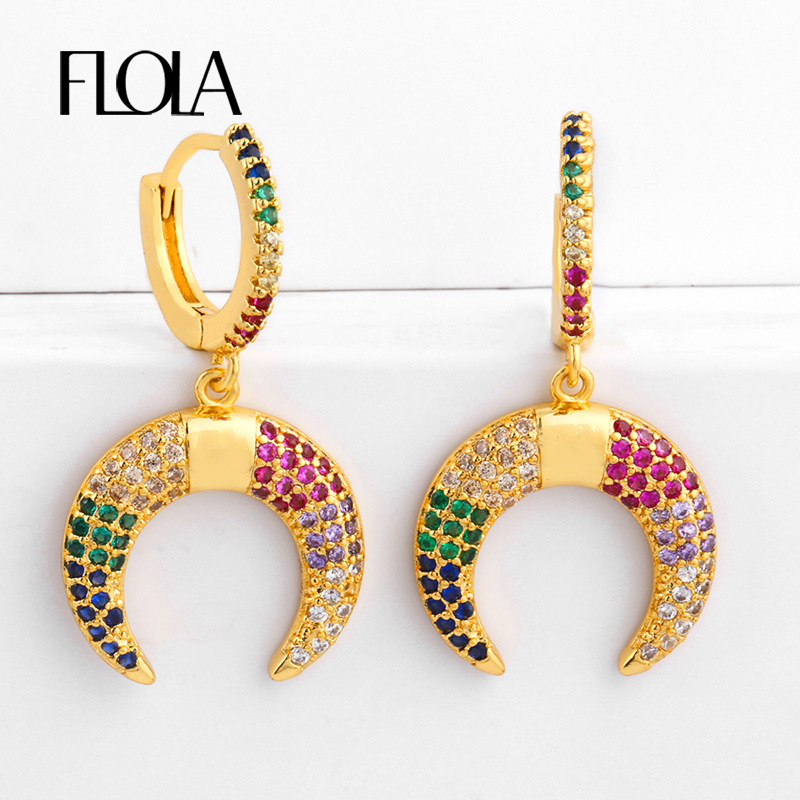 

FLOLA CZ Rainbow Zircon Horn Stud Earrings For Women Small Gold Filled Crescent Moon Earrings Crystal Women Jewelry Gifts ersr34