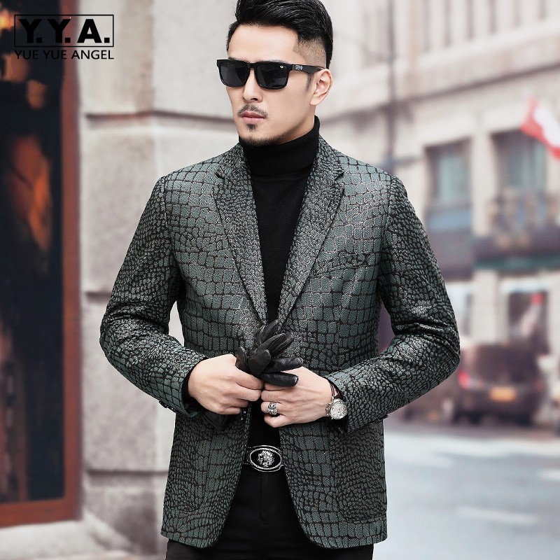 

New Mens Crocodile Pattern Real Sheepskin Jacket Slim Fit Business Man Blazer Suit Single Breasted Genuine Leather Jacket 4XL, Deep green