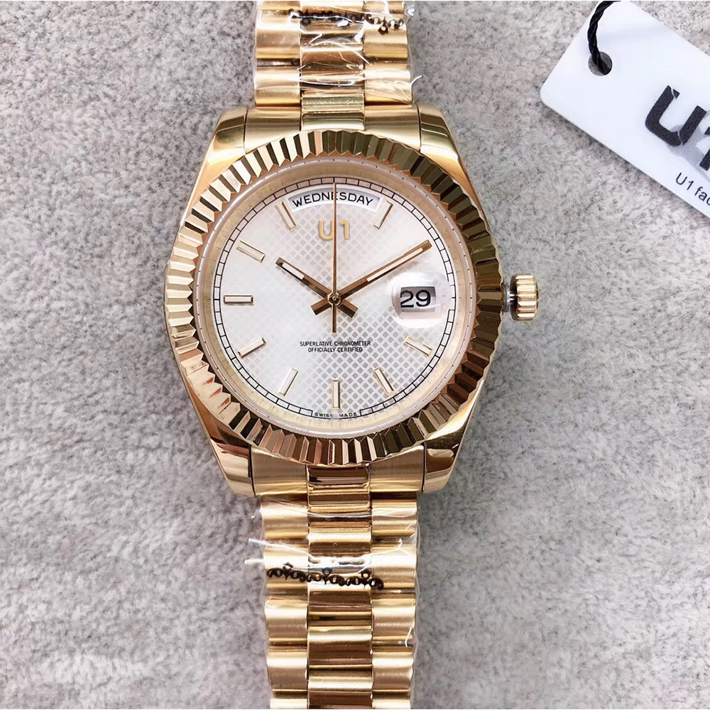 

U1 Factory Full Gold Day Date 41MM Silver Diagonal Dial Big Date 218239 Automatic Mechanical Sapphire Glass President Steel Men Wristwatches, 16