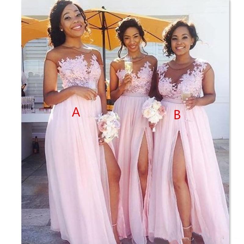 

Cheap Country Blush Pink Bridesmaid Dresses 2020 Sexy Sheer Jewel neck Lace Appliques Maid of Honor Dresses Split Formal Evening Gowns Wear