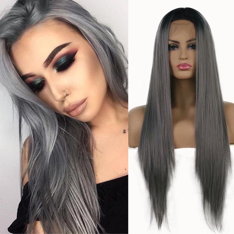 

QUINLUX WIGS Synthetic Hair Ombre Sliver Grey Straight Wigs For All Skins Women Daily Wear Silky Lace Front Wig Heat Fiber Hair, As pic