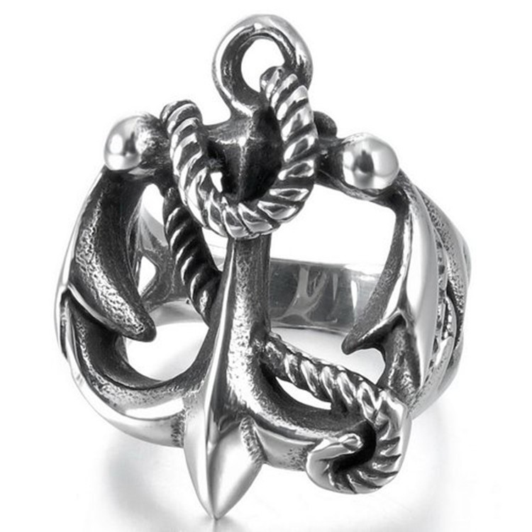 

Men''s Women Fashion Punk Rock 316L Stainless Steel Ring Casual Wedding Band Cute Vintage Anchor Nautical Rope Gothic Biker Silver Black Ri