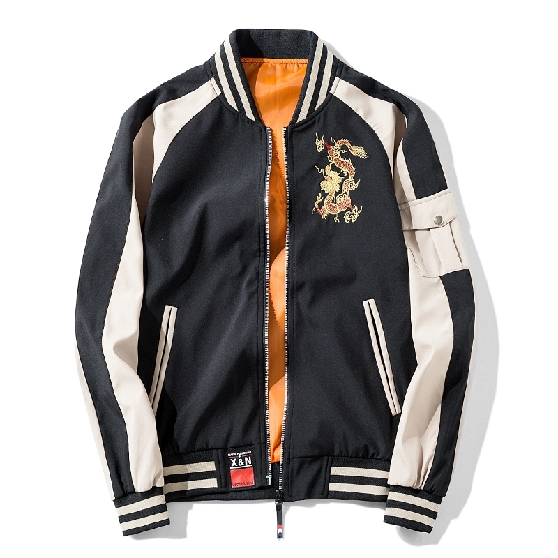 

US Size Dragon Embroidery Jacket Men Streetwear Japan Style Jacket Vintage Baseball Coat Bomber Jackets Male DG146, Beige