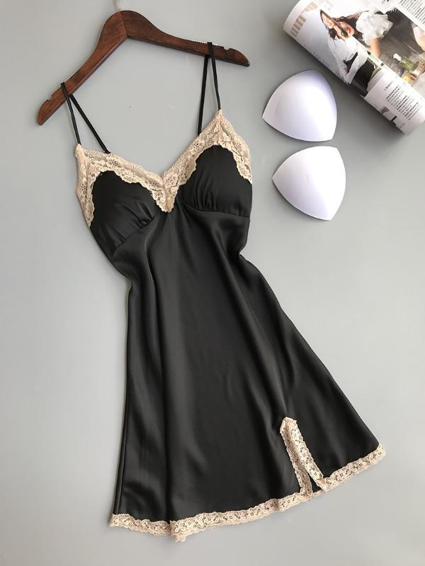 

2020 New Spaghetti Strap Sexy Women Nightdress With Pad Split Ends Female Lingerie, Black
