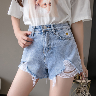 

Summer New Vintage Women Shorts Jeans Harajuku Kawaii Embroidery Small Daisy Denim Shorts High Waist Holes Short Mujer, Blue
