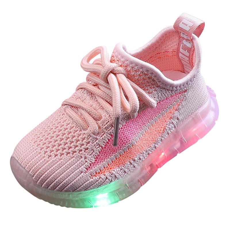 

KANCOOLD children's lights shoes boys and girls colorful stripes LED flashing lights shoes mesh soft bottom lace sports, Black