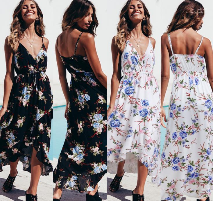 

Maxi Dresses Holiday Fashion Summer Clothing Women Beach V Chiffon Dress Floral Spaghetti Strap Boho, White