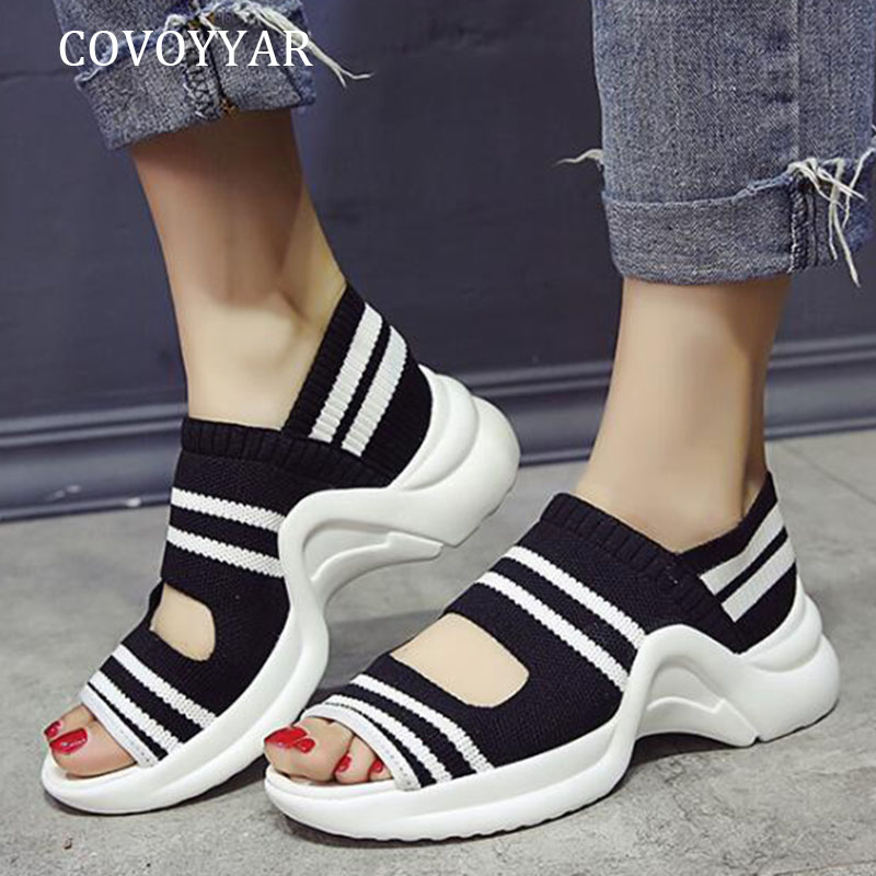 

COVOYYAR 2019 Summer Heeled Sandals Women Knitting Thick Bottom Platform Sandals Gingham Elastic Band Casual Shoes Woman WSS447, Gray
