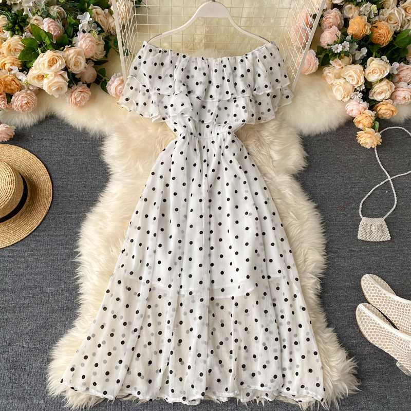 

2020 Beige/Black/White Polka Dot Dress Vintage Ruffle Short Sleeve Slash Neck High Waist A-line Dress For Female New Vestidos