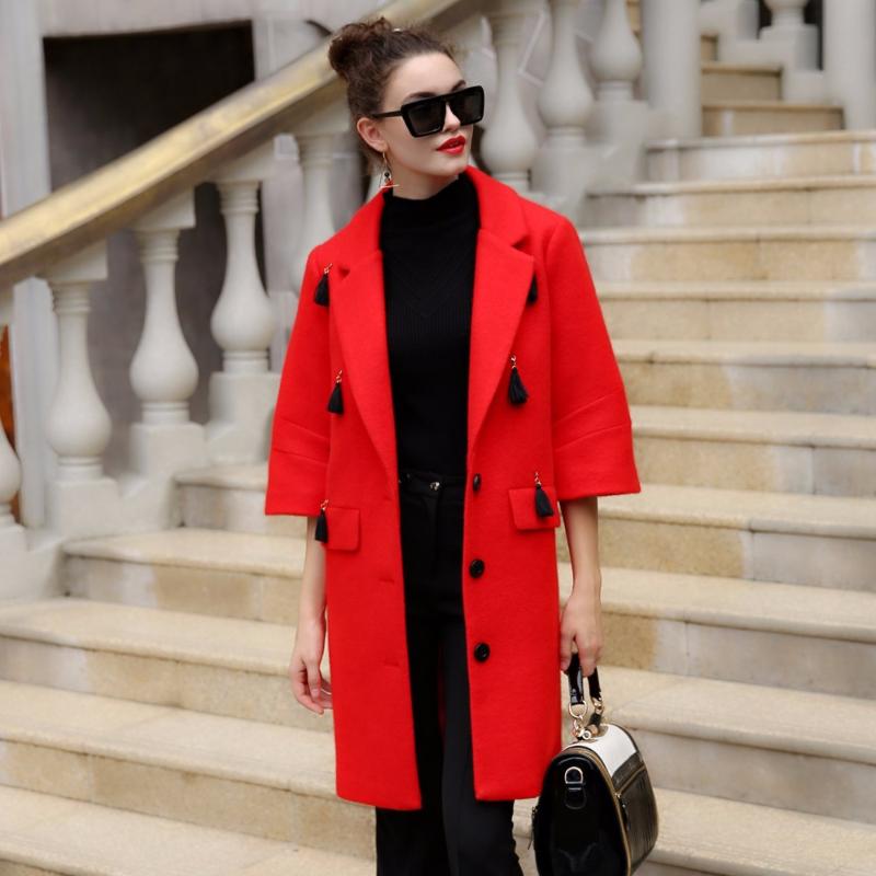 

Manteau Femme Winter Coat Women Warm Wool Coat Long Women's Cashmere Fashion Jacket Outwear Flare Sleeve Manteau 66135A, Red
