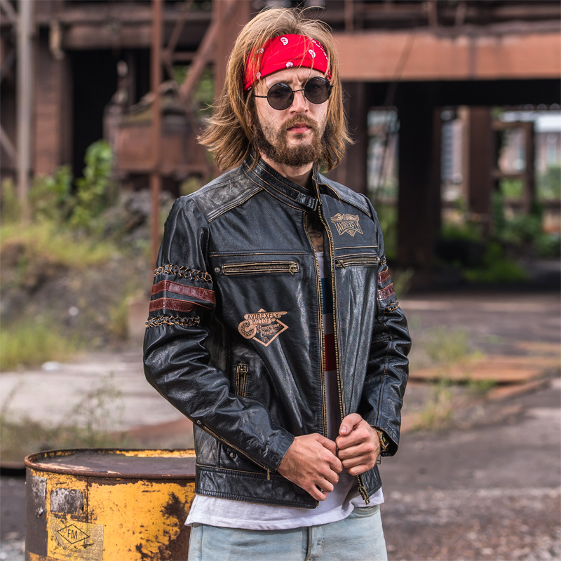 

2018 Vintage Black Men's Biker Leather Jacket Plus Size 3XL Genuine Thick Cowhide Slim Fit Leather Motorcycle Coat FREE SHIPPING