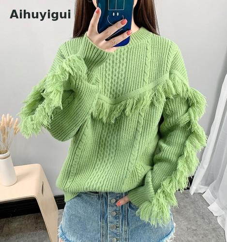

Aihuyigui 2019 Winter Fashion Red Green Pullover Knitted Sweater Women Long Sleeve O-neck Loose Tassel Thick Sweater Hs697, Beige