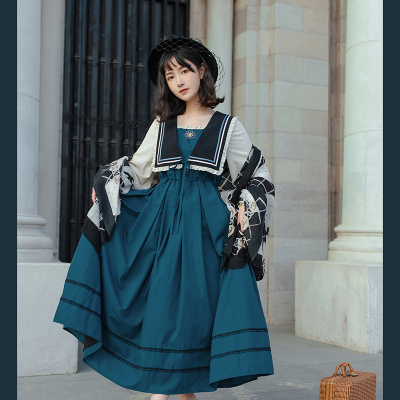 

Vintage OP Lolita Dress Cute Girl Sailor Collar Embroidery Princess Court Maid Cosplay Costume Kawaii Loli Cos, As pic