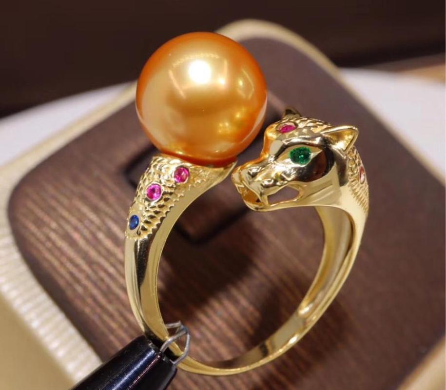 

Cluster Rings D509 Pearl Ring Fine Jewelry 925 Sterling Silver Round 11-12mm Leopard Shape Nature Fresh Water Golden Pearls For Women