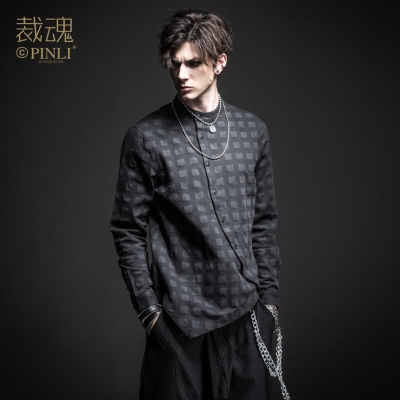 

Free shipping Soul spring new men's dark black irregular cotton long-sleeved shirt BC193113390, As pic