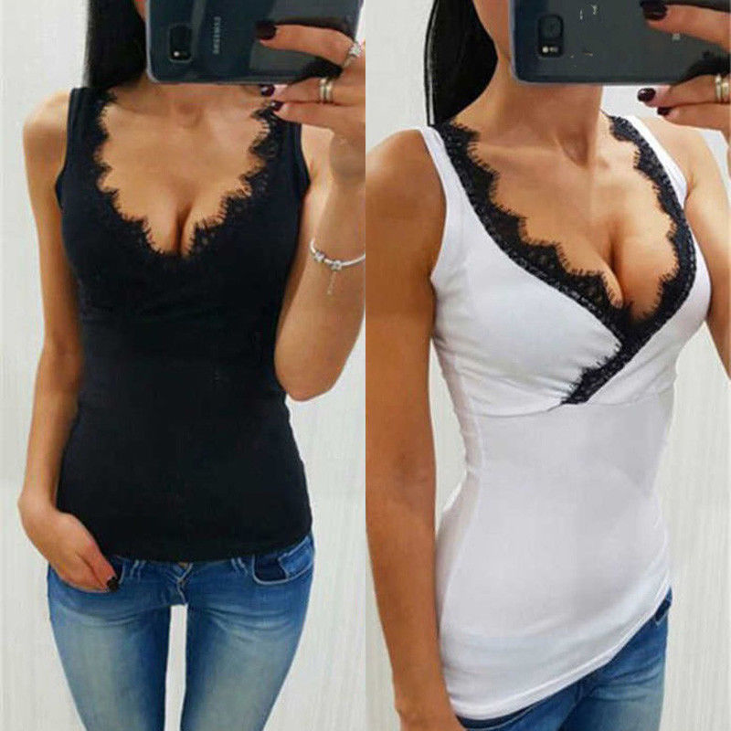 

Hirigin Women Ladies Vest Top Sleeveless V-neck Lace Casual Tank Tops Solid White Black Summer Hot Sale