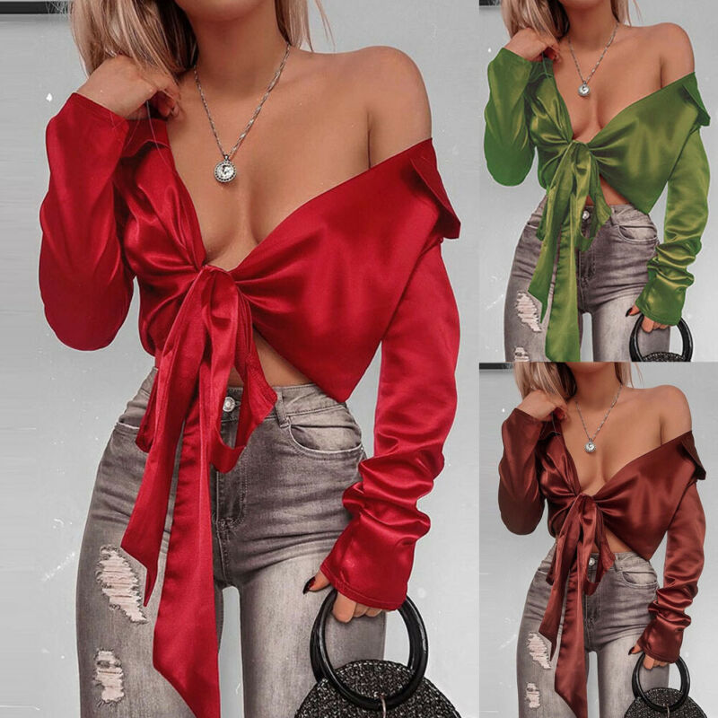 

Women Long Sleeve Loose Lace-up Blouse Crop Tops Casual Lady Shirt Coat Tops Spring Fashion Sexy Solid Slim Lace-up Lady Blouse