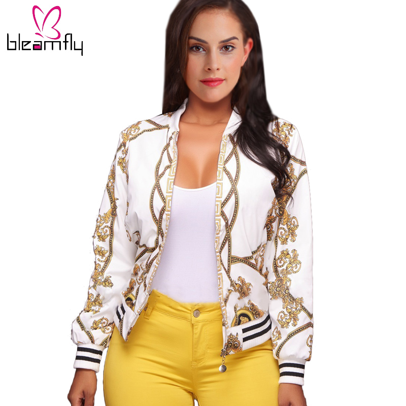 

Fashion-Wholesale- Ladies Bomber Jackets Retro Baseball Coat for women White Black Print Feminina Basic Outwear Gold Chain Print Clothes