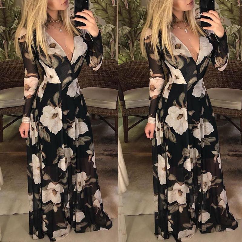 

2020 New Brand Fashion Women Boho Floral Chiffon Summer Party Evening Beach Long Maxi Dress Sundress, Black