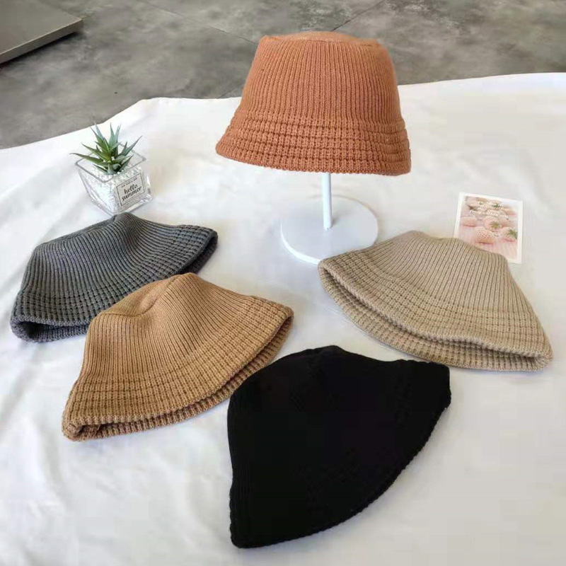 

new trendy Autumn Winter Women Fisherman caps Female Solid color wool knit flat bucket hats Street trend cap Female Stingy Brim Hats, Beige