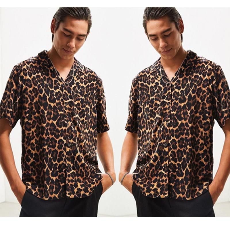

Men's Summer Fashion Casual Lapel Leopard Short Sleeve Shirt Top Chinese Style Vintage Fashion Shirts For Man Autumn Spring, As pic