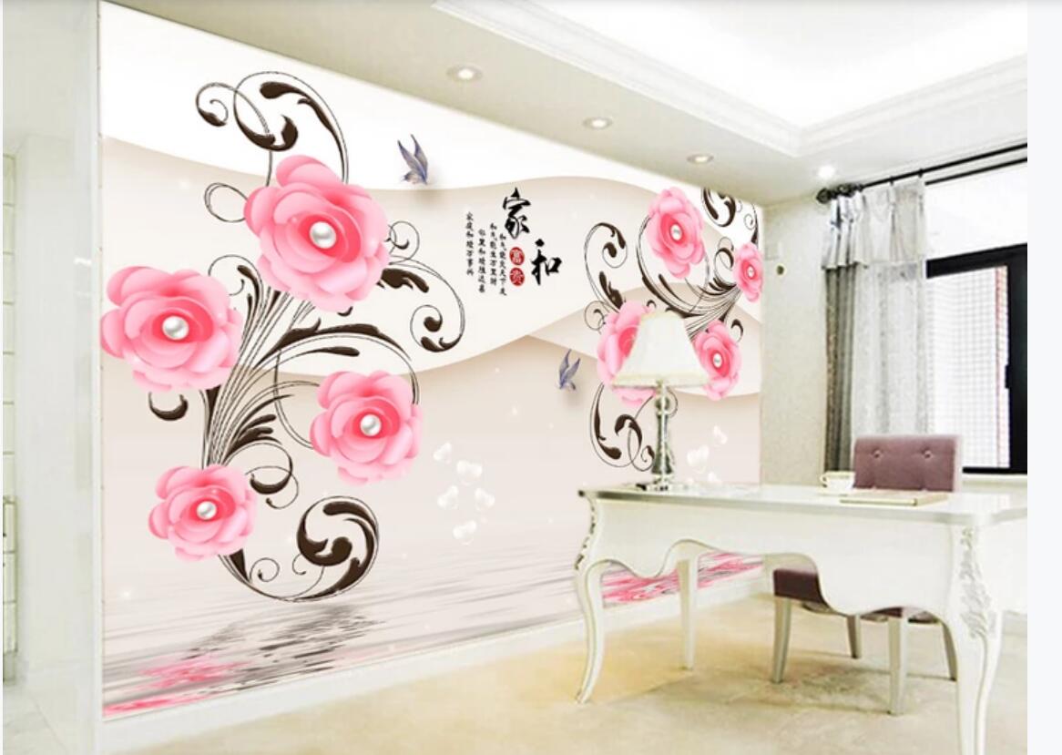 

3d room wallpaper custom photo non-woven mural Romantic water pearl rose reflection 3d background wall painting wall art canvas pictures, Picture shows
