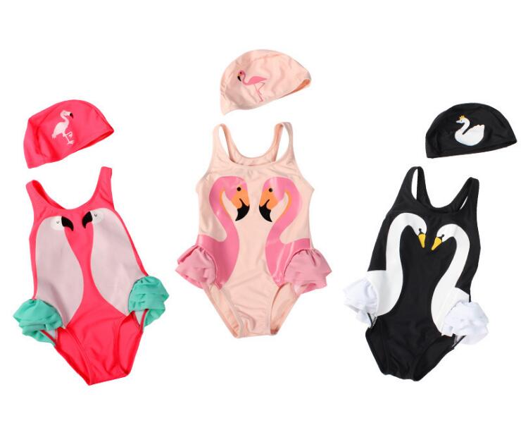 Toddler Baby Girls Swimwear Cartoon Swan Ruffled Swimsuit Beach Wear Sun Protection Bathing Suit with Hat