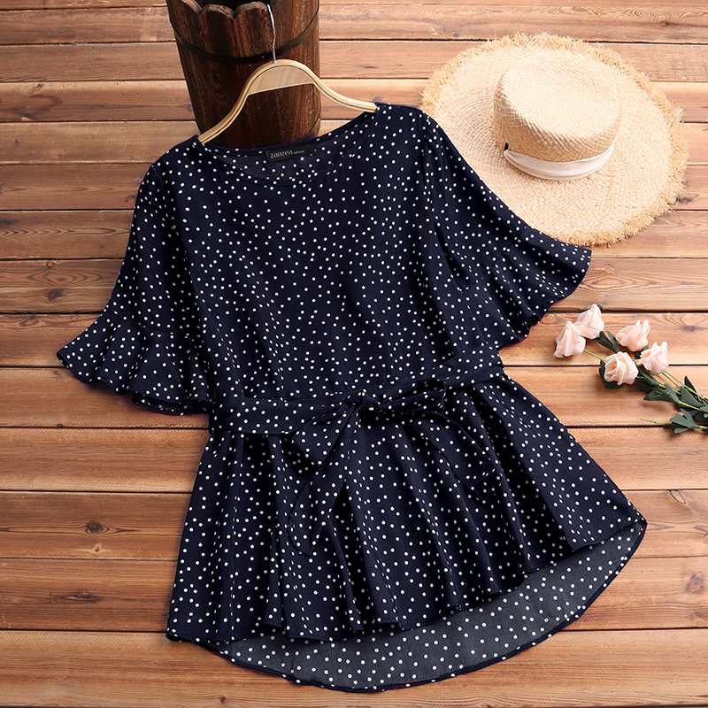 

Woman Summer Polka Dot Blouse Casual O Neck Short Sleeve Loose Work Top Ladies Elegant Bow Tie Chiffon Shirt Blusas, White