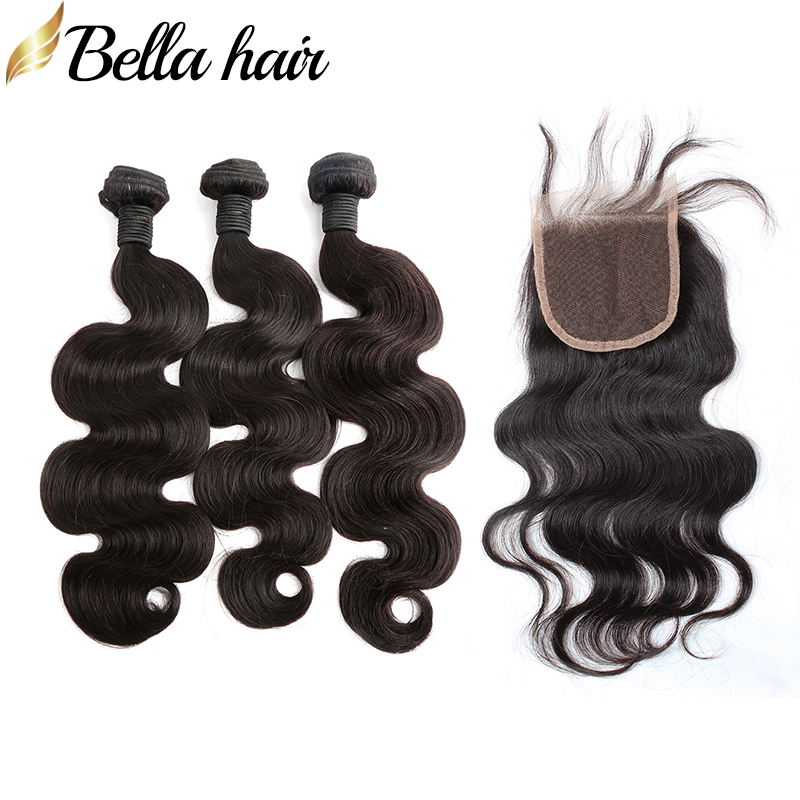 

Full Head Peruvian Virgin Hair Bundle with Closure Body Wave 3pcs Hair Weft and 1pcs Top Closures 4X4 Natural Hairline Extensions Bellahair, Natural color