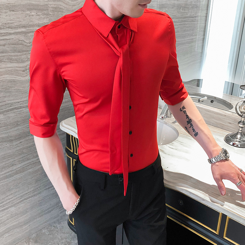 red dress shirt black tie