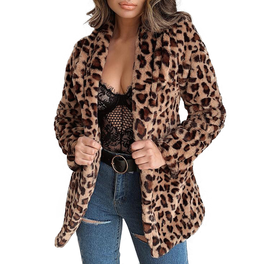 

Winter Coat Women Leopard Print Faux Fur Coat Single Breasted Fur Jacket Fashion Casual Slim Female Mid-Long Jacket D25