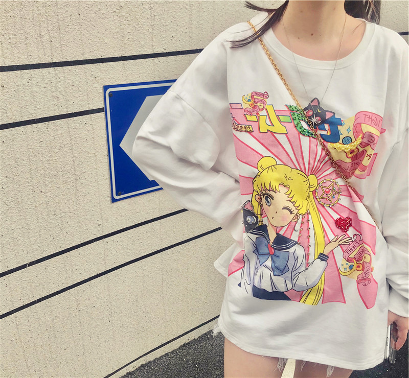 

Women T-shirt Cartoon printed hoodie cute sailor girls design Japanese style Tees set drill loose casual sweet students Tops Girlfriends shirt, White