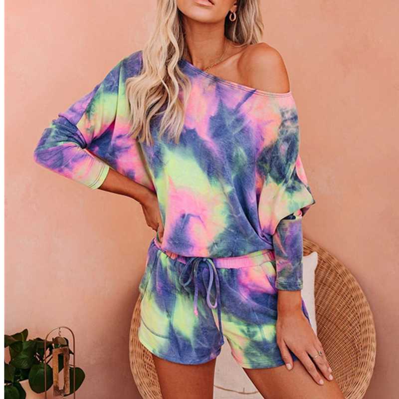 

2 Piece Sets Pijamas Women Tie Dye Print Homewear Casual Tshirt Biker Shorts Sports Tracksuits Sleepwear Pajamas Lounge Wear