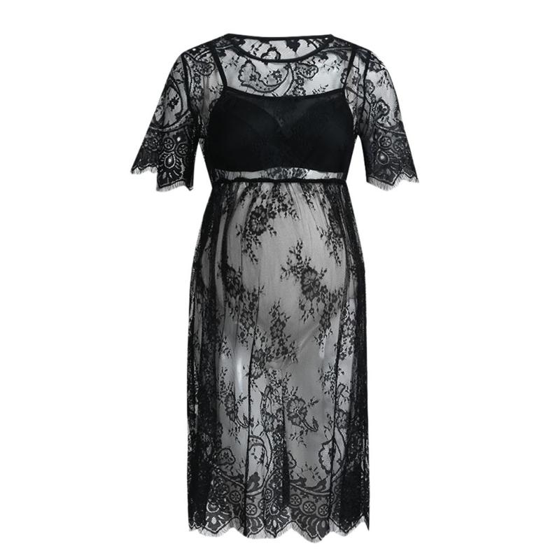 

Women's Maternity Short Sleeve Lace Photography Ladies Dress Pregnancy Clothes Solid Color Blakc See-through Sleep Nightwear, Black